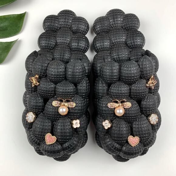 Massage Bubble Slides Black Slip On Sparkly Charms Flowers Butterfly Women's 10 - Picture 1 of 9